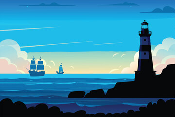 Serene seascape illustration featuring silhouetted lighthouses at sunset, calm ocean waves, nautical theme.