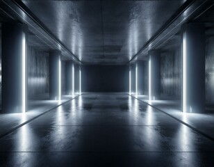 Neon Glowing Laser Blue Pylons Arch White Concrete Underground Garage Sci Fi Futuristic Hall Stage Podium Grunge Columns Dark Spaceship Tunnel Corridor 3D Rendering.