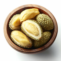 Obraz premium Durian fruit in wooden bowl, isolated, healthy food, fruit dessert