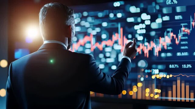 Businessman pointing growing stock market data on a digital screen with futuristic software interface 3D financial market chart screen displaying additional video 4k