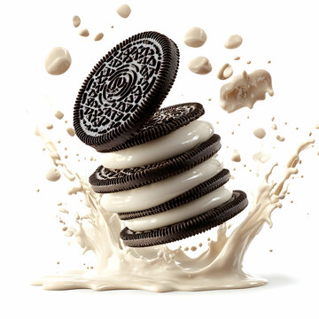 chocolate sandwich cookies in milk splash; delicious dessert in motion; isolated food product; studio shot; high-quality food photography; perfect for packaging design
