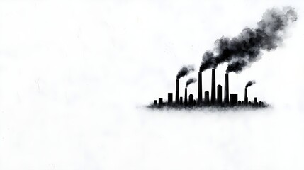 Fototapeta premium Silhouetted factories emit dark smoke against a white background, illustrating industrial pollution and environmental concerns.