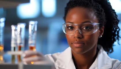 Female scientist examining test tubes in a laboratory setting
