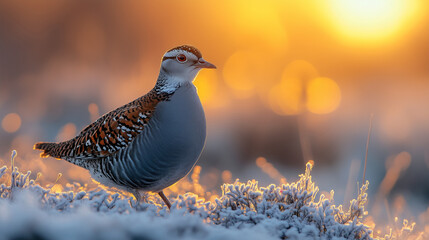 Partridge Standing in Frosty Grassland Under a Golden Sunrise