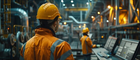 Engineer in yellow hard hat checks factory industrial settings perfect for manufacturing automation safety topics.