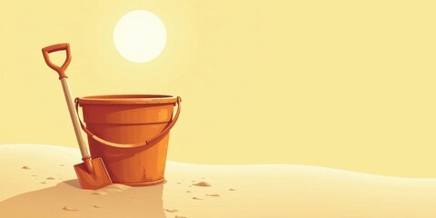 A sandy beach scene featuring a small orange bucket and a wooden shovel under a bright sun