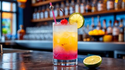 Enticing hurricane cocktail with vibrant gradient and garnishes
