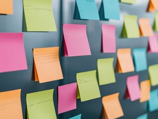 A vibrant display of colorful sticky notes on a board, symbolizing brainstorming, project planning, and creativity in the workplace.
