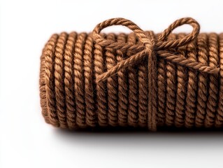 Obraz premium A neatly coiled bundle of brown rope tied with a bow, resting on a white surface, highlighting its texture and craftsmanship.