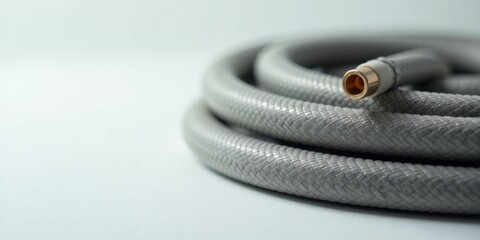 Close-up of a flexible braided metallic hose with connector, coiled and ready for use