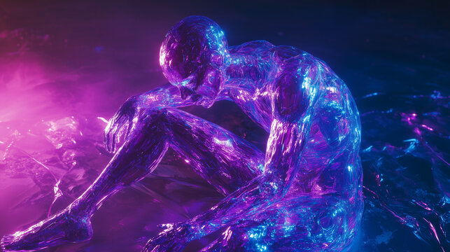 The artificial human figure, made of shimmering translucent material, reflects a cyberpunk aesthetic with its sci-fi-inspired neon glow.