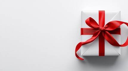 A beautifully wrapped gift box with a red ribbon sits on a light background, symbolizing celebration and joy.