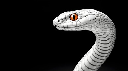Fototapeta premium White snake with striking orange eyes against a black background, showcasing intricate patterns and a sleek form.