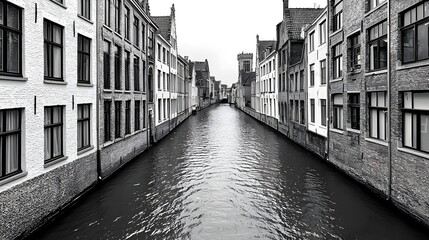 Naklejka premium Black and white image of a narrow canal lined with historic buildings, reflecting a serene atmosphere in a quaint urban setting.