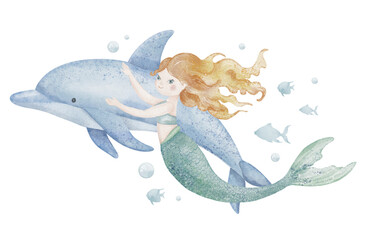 Watercolor illustration of cute Mermaid and Dolphin in pastel colors. drawing of underwater animal and fantasy character for childish greeting cards or girls nursery posters. Art for kids.