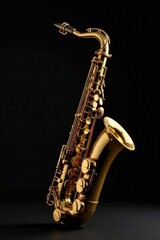 Obraz premium A Golden Saxophone, a Symbol of Musical Elegance and Sophistication, Rests Against a Dark Background