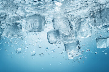Ice cubes float and bubble in clear water with blue background