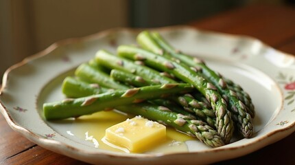 Steamed green asparagus on a decorative plate with melted butter and seasoning