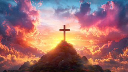 Fototapeta premium cross atop mountain with dramatic sky at sunset, surrounded by vibrant clouds and warm colors, evokes sense of peace and spirituality