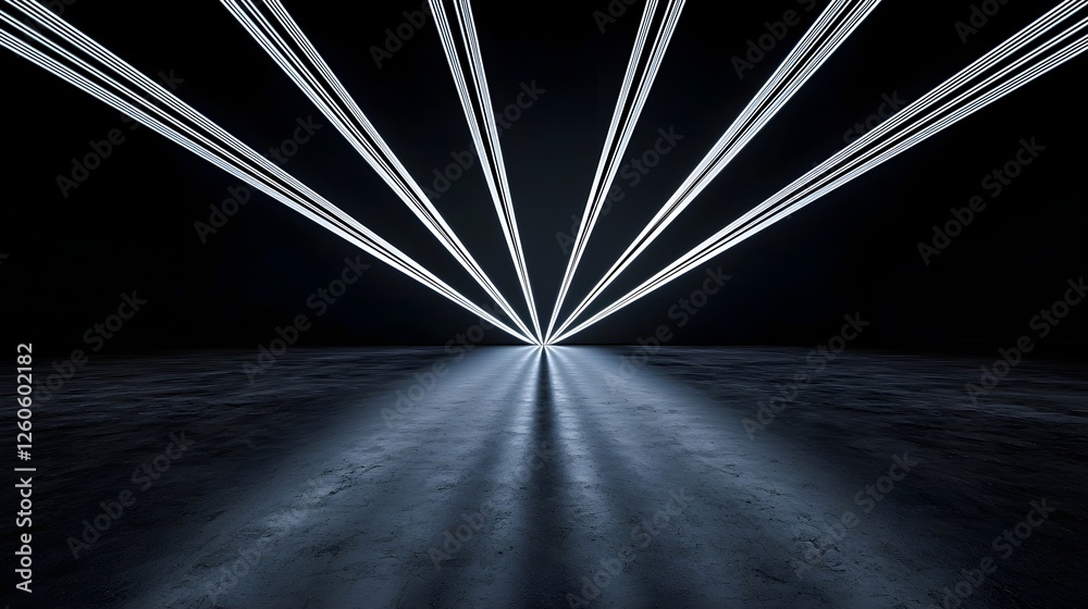 Poster abstract image featuring beams of light converging in darkness, creating a striking visual effect wi