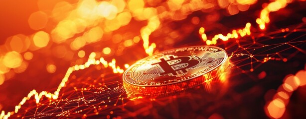 A glowing Bitcoin sits atop a vibrant digital graph, symbolizing cryptocurrency's rise and volatility against a fiery background.