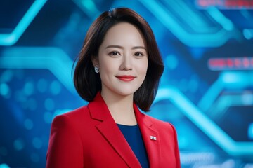 Obraz premium A TV news anchor reporting breaking news in a high-tech broadcast studio
