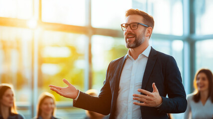 business leader giving presentation on ethical practices, engaging audience with enthusiasm and confidence. setting is bright and modern, enhancing professional atmosphere