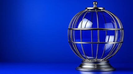 Fototapeta premium Gleaming silver lottery ball sits serenely against vibrant blue backdrop. AI Generated