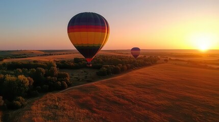Obraz premium Vibrant rainbowcolored hot air balloons floating over an open field