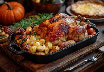Fototapeta premium Golden Brown Roast Turkey with Root Vegetables on Wooden Platter Surrounded by Autumn Decor and Pumpkin in Cozy Dining Setting