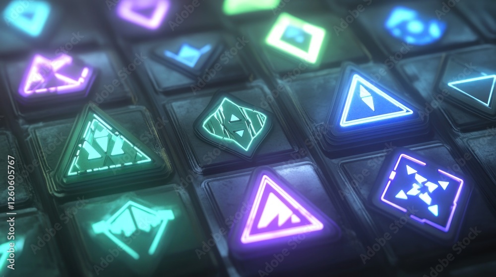 Poster futuristic interface with glowing geometric symbols and patterns array