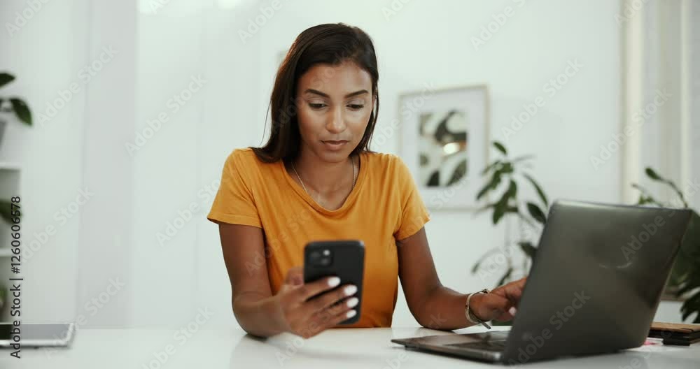 Leinwandbilder studying, online and woman with laptop, home and reading of assignment on smartphone, typing and web