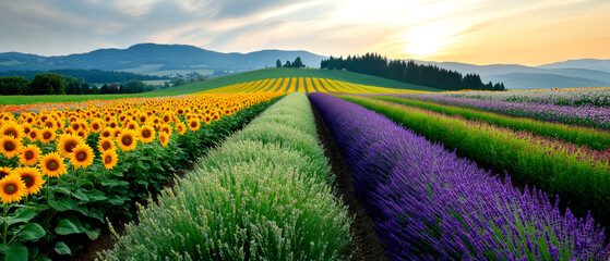 A picturesque landscape featuring vibrant sunflower and lavender fields under a colorful sky, showcasing nature's beauty at sunrise.