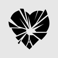 Black and white shattered heart symbolizing heartbreak, sadness, love loss, or emotional pain. Perfect for designs related to relationships, broken love, and emotional expressions