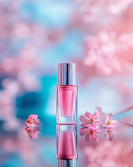 Pink nail polish bottle with reflection and cherry blossoms