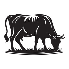 Cow grazing Silhouette Vector Illustration, Solid White Background.