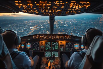 Fototapeta premium Airplane pilots flying over city at night inside cockpit view