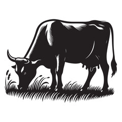 Cow grazing Silhouette Vector Illustration, Solid White Background.