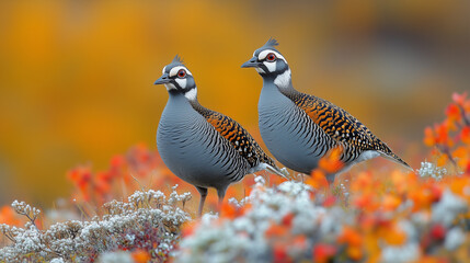 Obraz premium Two Beautiful Partridges Standing Amidst Vibrant Autumn Foliage