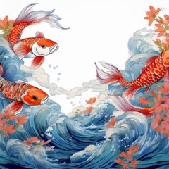 Japanese Wave and Koi Illustration as a seamless border frame pattern background with copy space