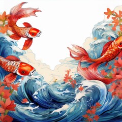 Japanese Wave and Koi Illustration as a seamless border frame pattern background with copy space