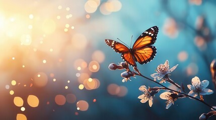 A single, vibrant butterfly perched on a blooming flower, with soft bokeh background