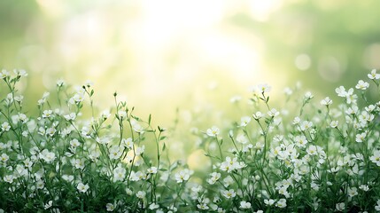 Sunny meadow, white wildflowers, bokeh background, spring
