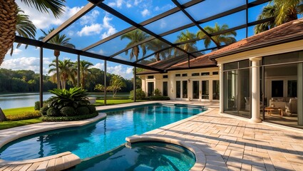 Luxurious florida mansion with scenic pool and lake view