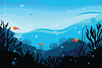 Vivid underwater scene depicting vibrant fish swimming amidst swaying kelp forests, with numerous bubbles rising.
