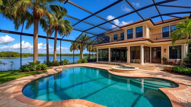 Luxurious florida mansion with screened pool and lake view