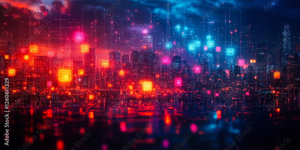 Poster context-aware networking tools in a futuristic cityscape enhancing user decision-making for smarter 