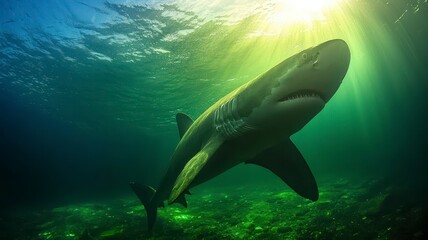 Naklejka premium Marine biology deep sea climate concept. A graceful shark swims beneath the surface, illuminated by beams of sunlight filtering through the water, showcasing the beauty of marine life.