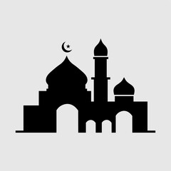 Silhouette of an Islamic mosque with domes and a crescent moon. A perfect representation of Muslim architecture, spirituality, Ramadan, prayer, and Islamic culture