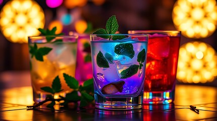 Close-up photo of delicious alcohol drinks with mint leaves on table